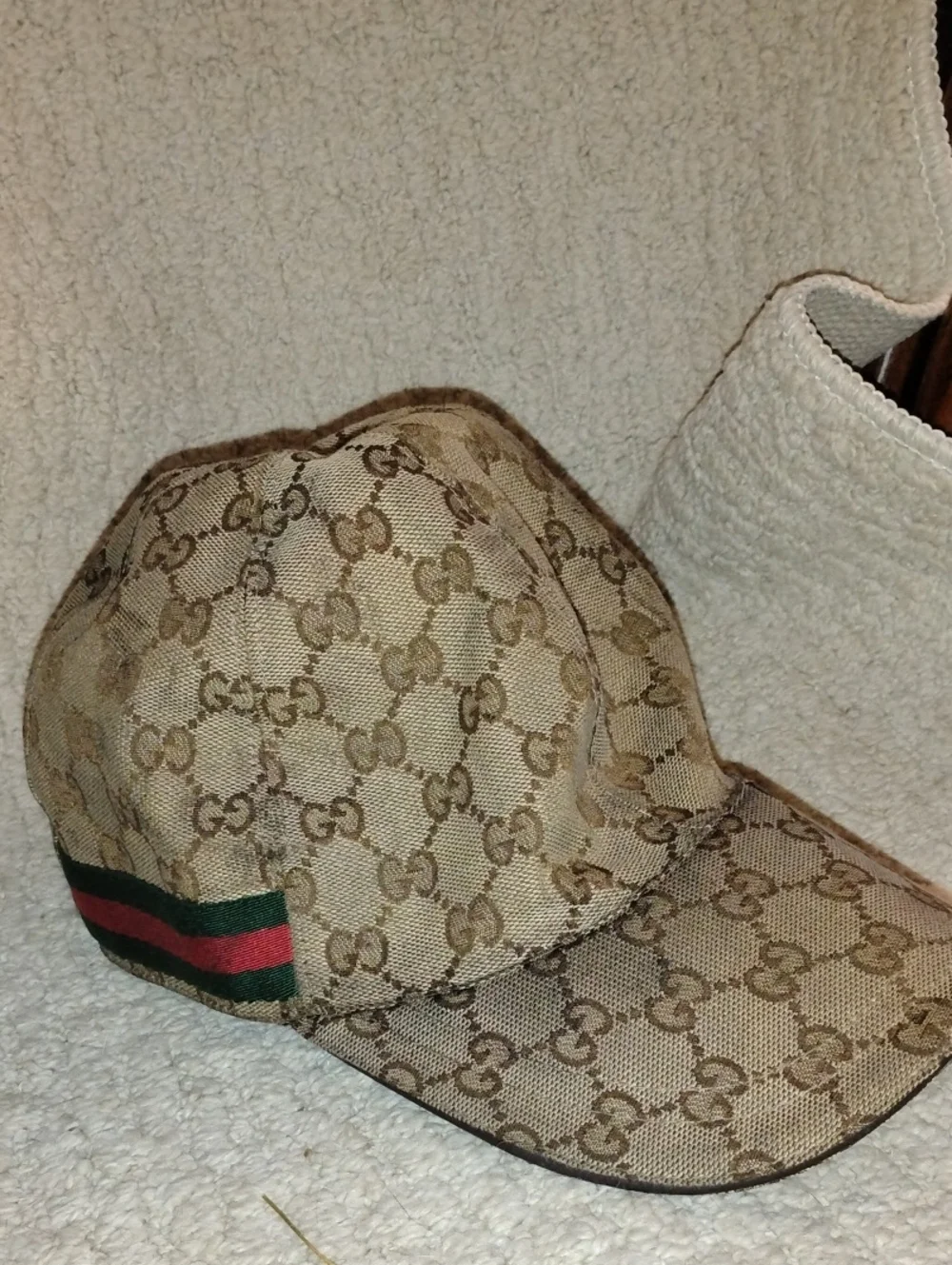 Gucci Beige GG Monogram Baseball Cap with Green-Red Web